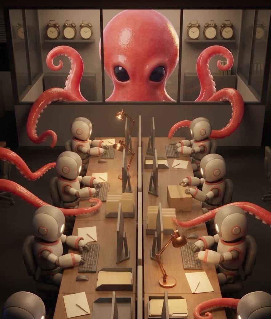 Inky, the red Octopus Prime octopus, reaching her arms over an office of robot agents typing at their computers.
