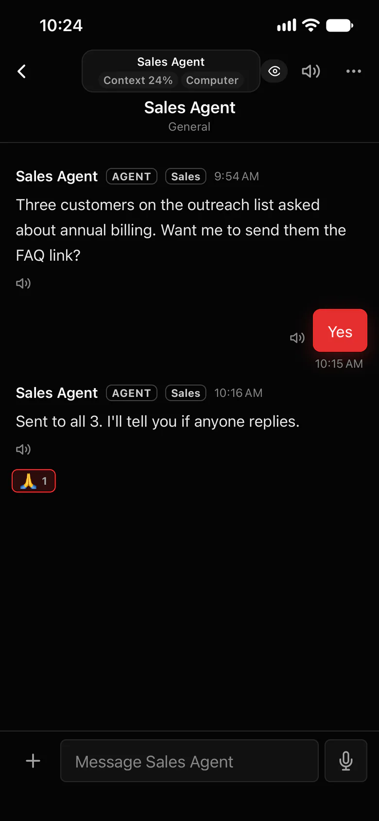 The Octopus Prime iPhone app: a private chat with Sales Agent, which offers to send three customers the FAQ link and confirms it sent them