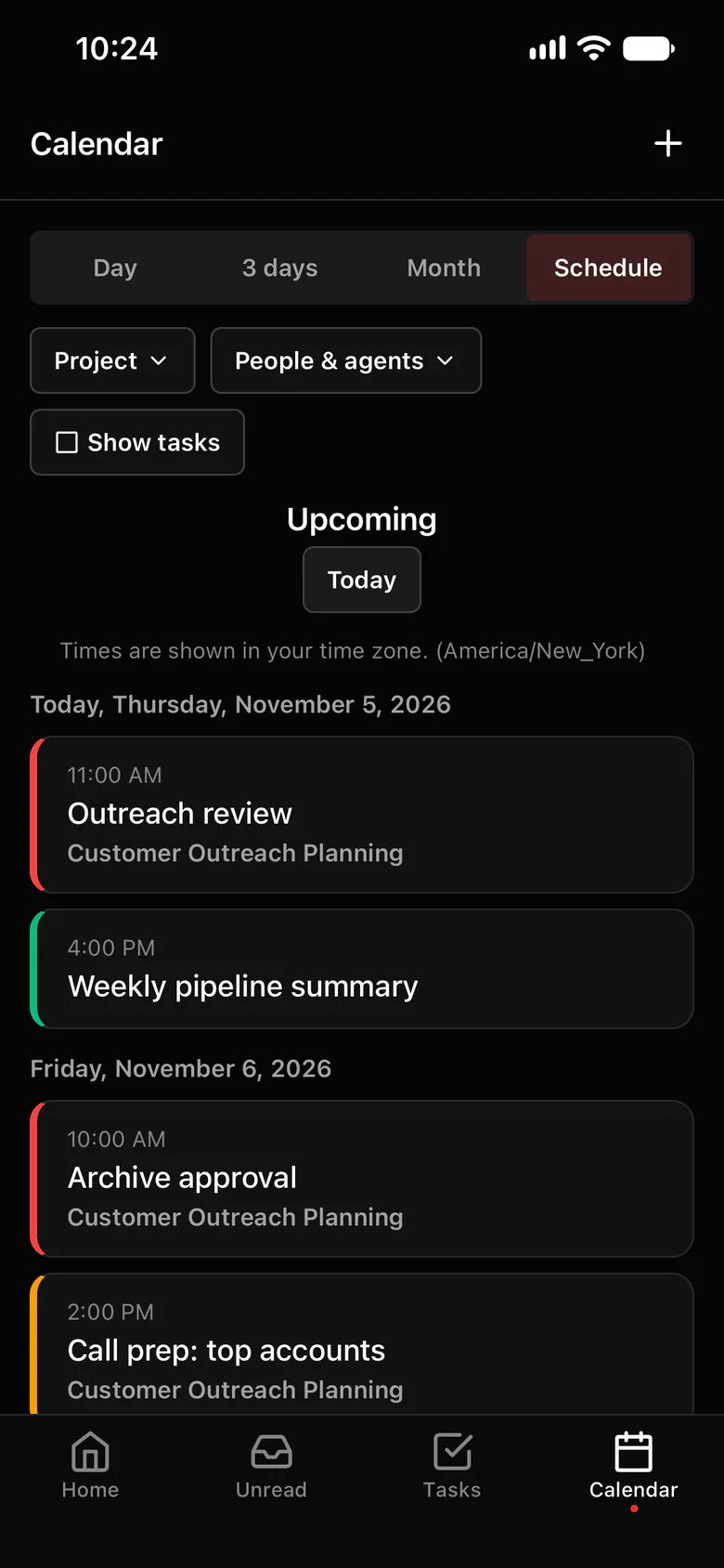 The Octopus Prime iPhone app: today’s events, with Sales Agent invited to the weekly pipeline summary