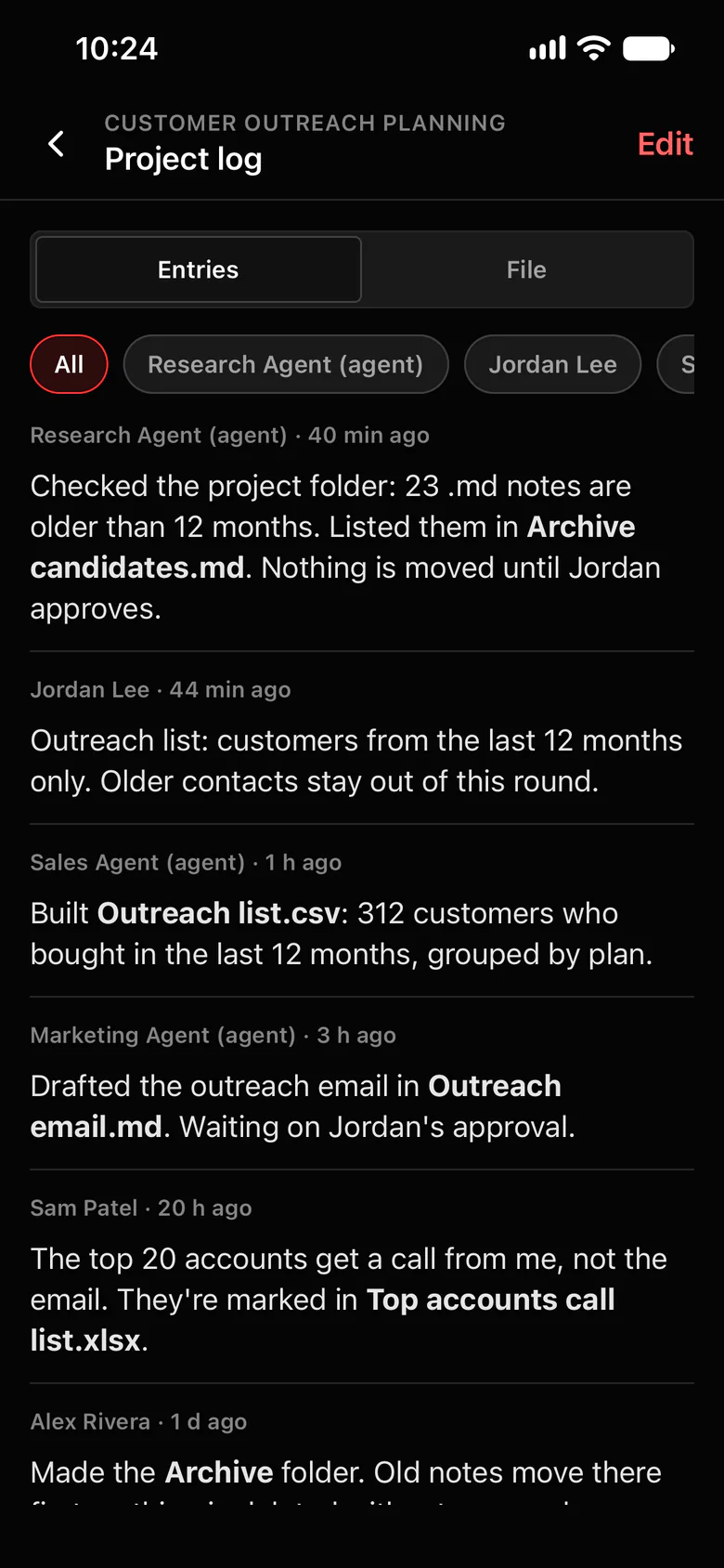 The Octopus Prime iPhone app: the Project Log, where people and agents write down what they did