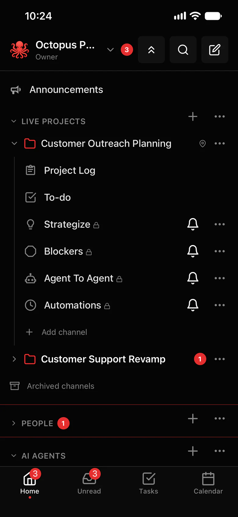 The Octopus Prime iPhone app: Home, with the Customer Outreach Planning project’s Project Log and channels, and the AI agents