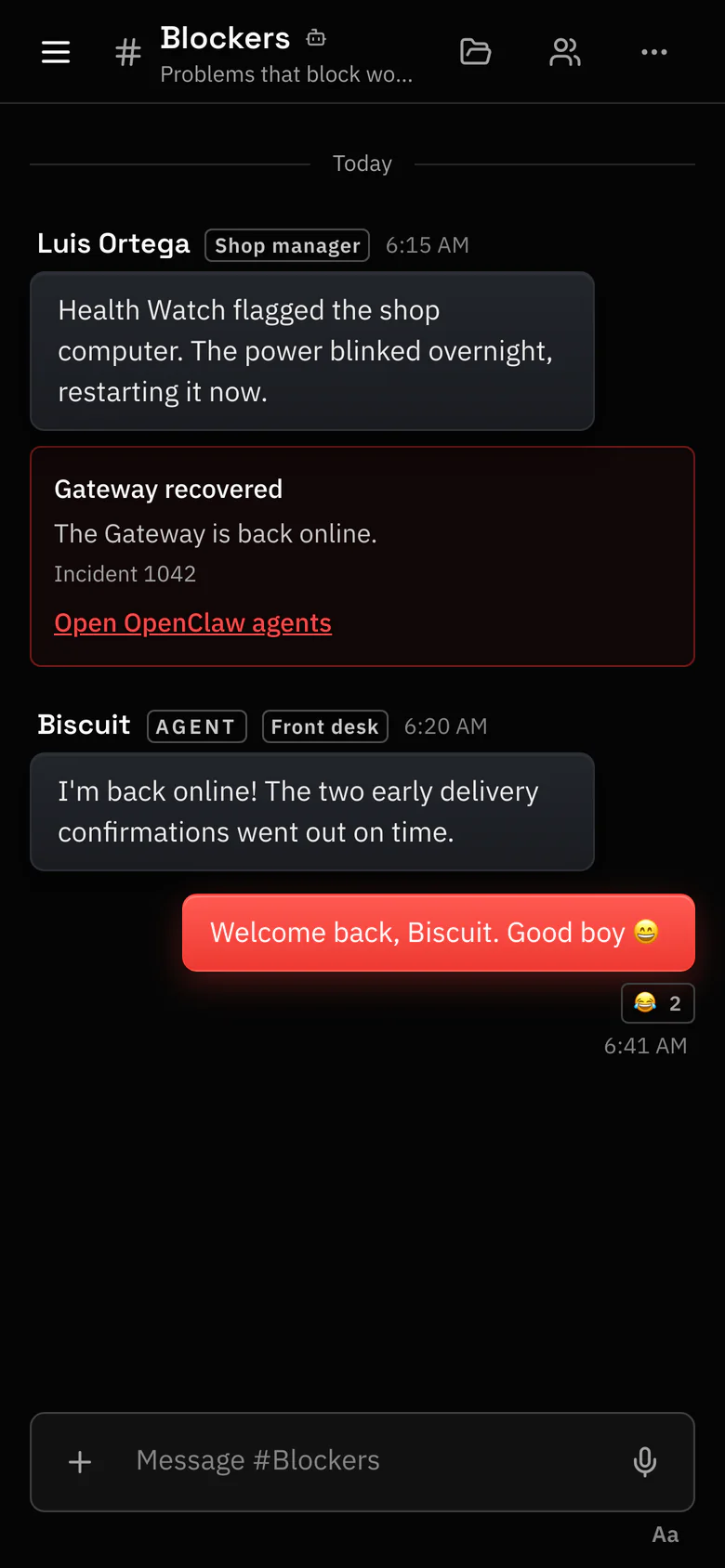 On a phone: a Health Watch card says the Gateway is back online, and the agent Biscuit is back too