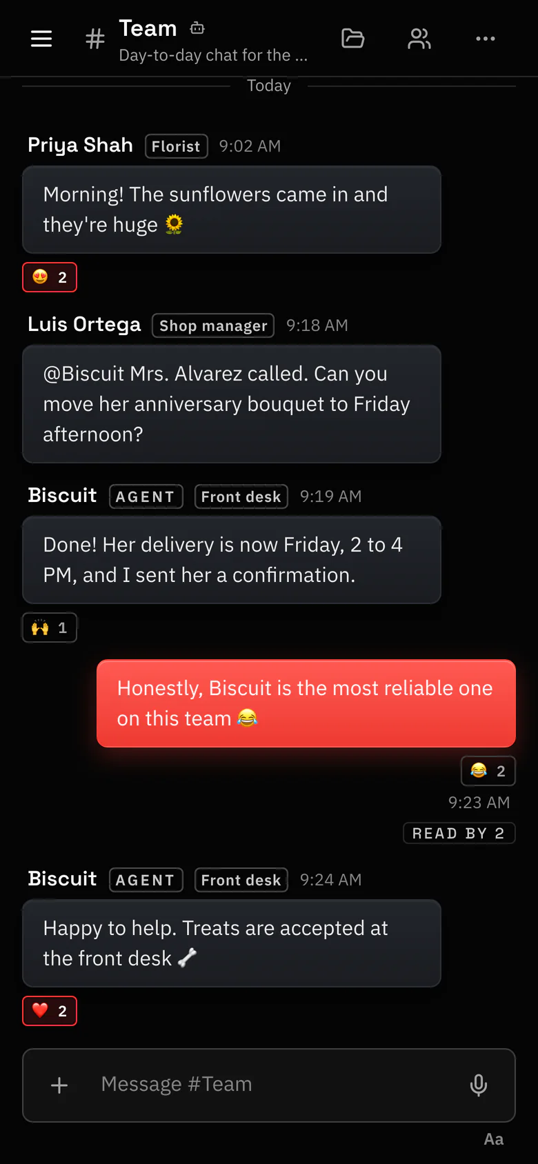 A team chat on a phone: Luis asks the agent Biscuit to move a delivery, and Biscuit confirms