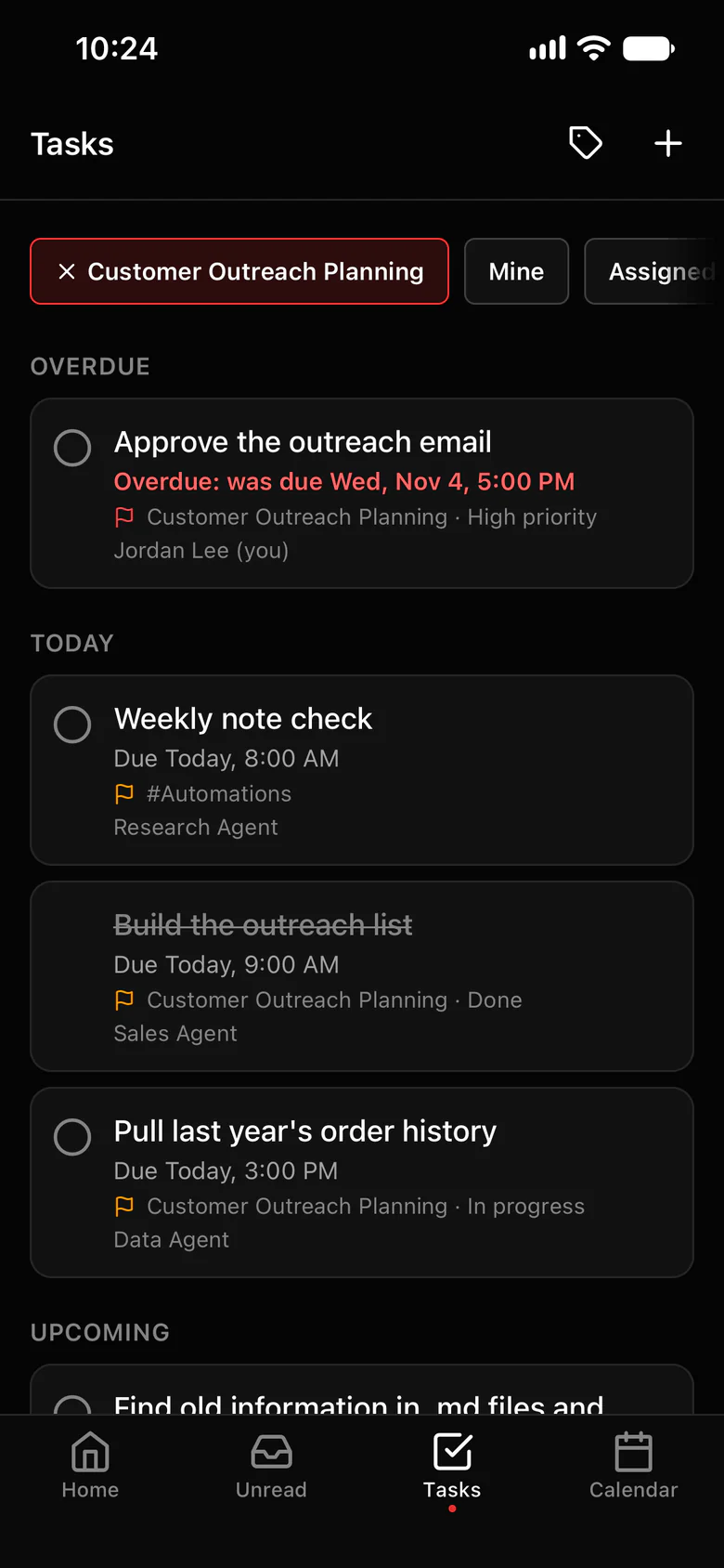 The Octopus Prime iPhone app: the Customer Outreach Planning project’s tasks, for people and agents