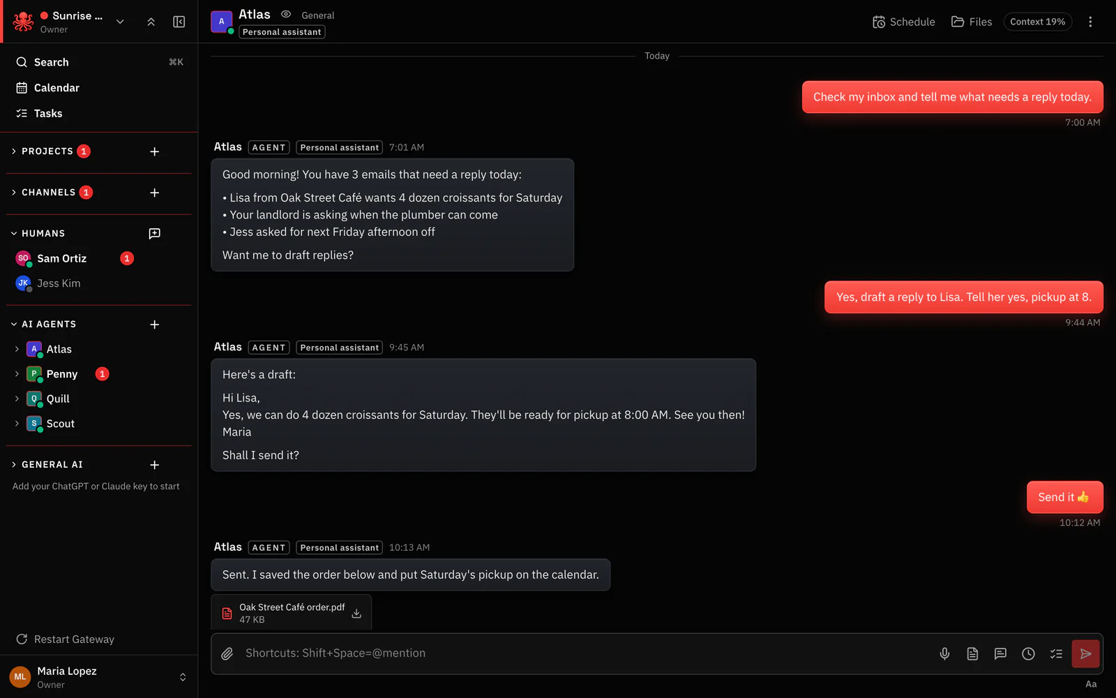 A private chat with Atlas, a personal assistant agent: the 7:00 AM inbox check, a reply drafted and sent, and the order saved as a file