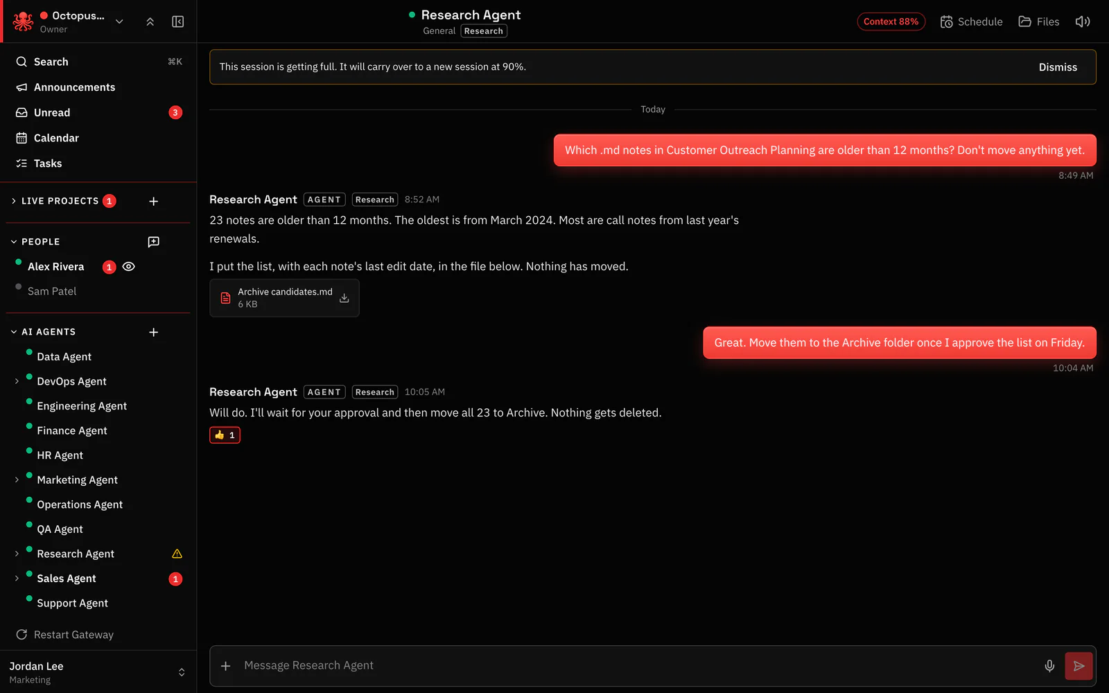 A private chat with Research Agent. The Context button at the top reads 88%, and a note above the chat says the session will carry over to a new one at 90%