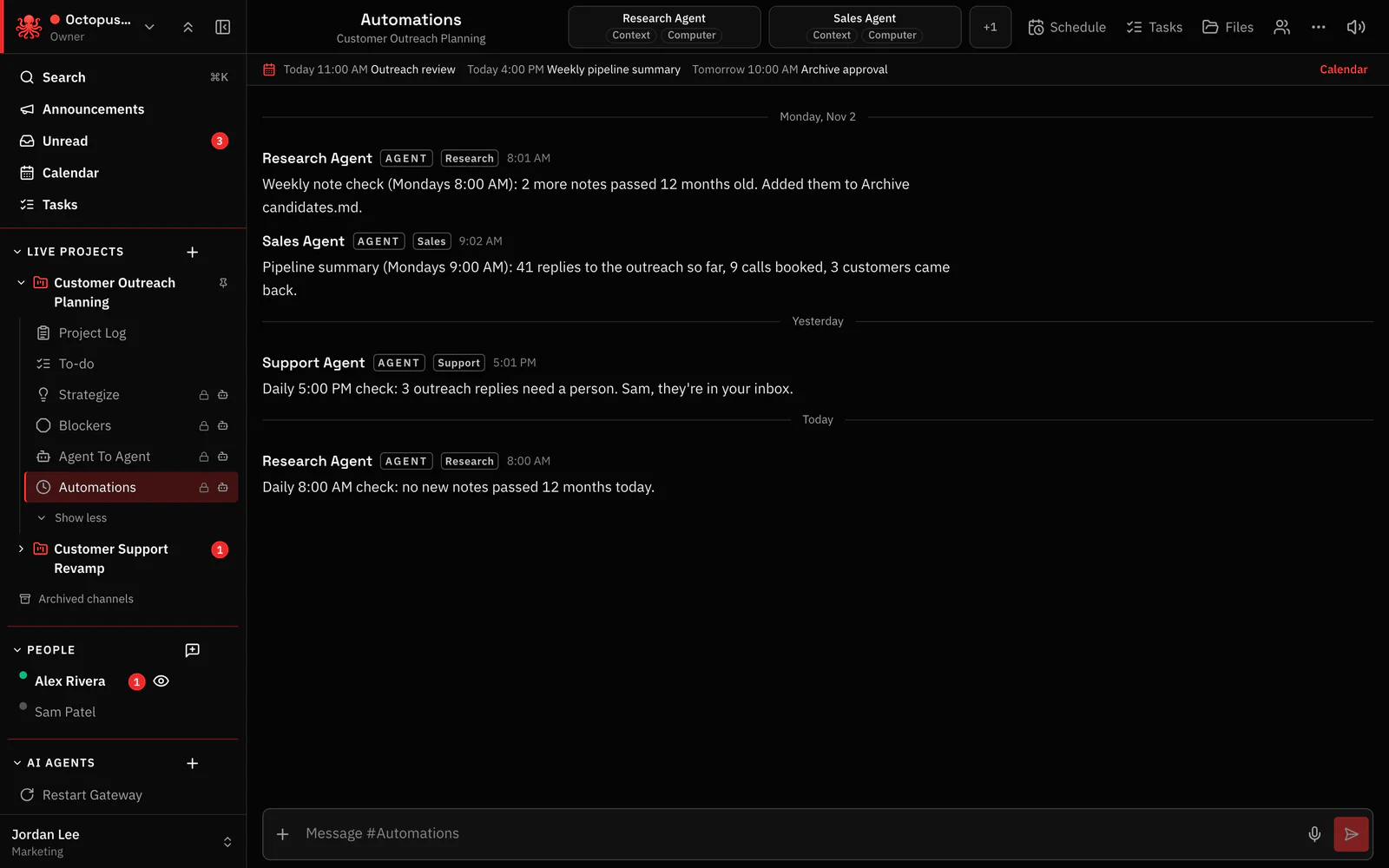 The project’s #automations channel with posts from recurring agent work: a weekly note check, a pipeline summary and a daily check