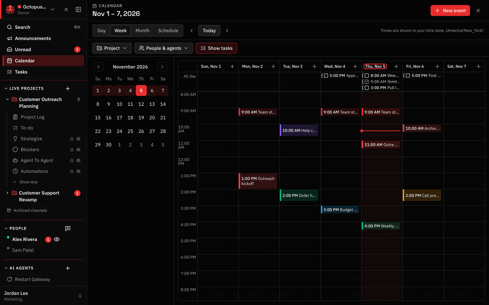The calendar for the week, with events and tasks for people and agents in the Customer Outreach Planning project