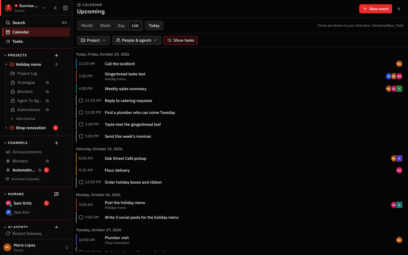 Upcoming events and tasks, including the Weekly sales summary with the agent Penny invited