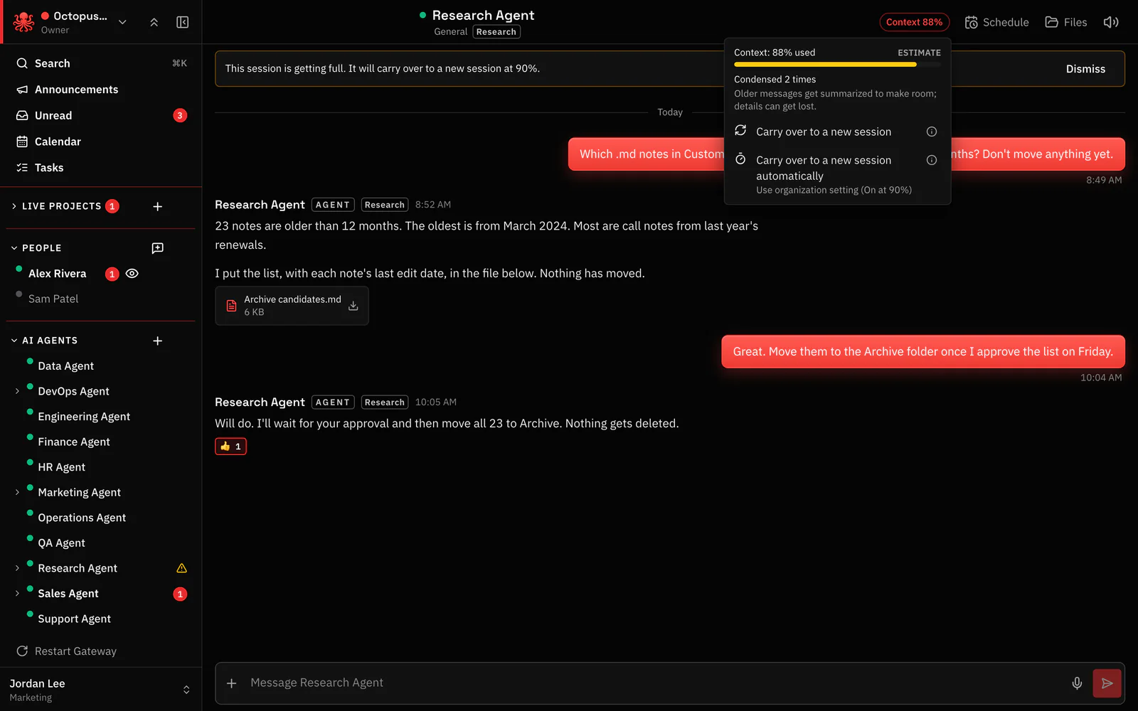 The Context menu in a chat with Research Agent: 88% used, condensed 2 times, a Carry over to a new session button, and carry over automatically on at the organization’s 90%