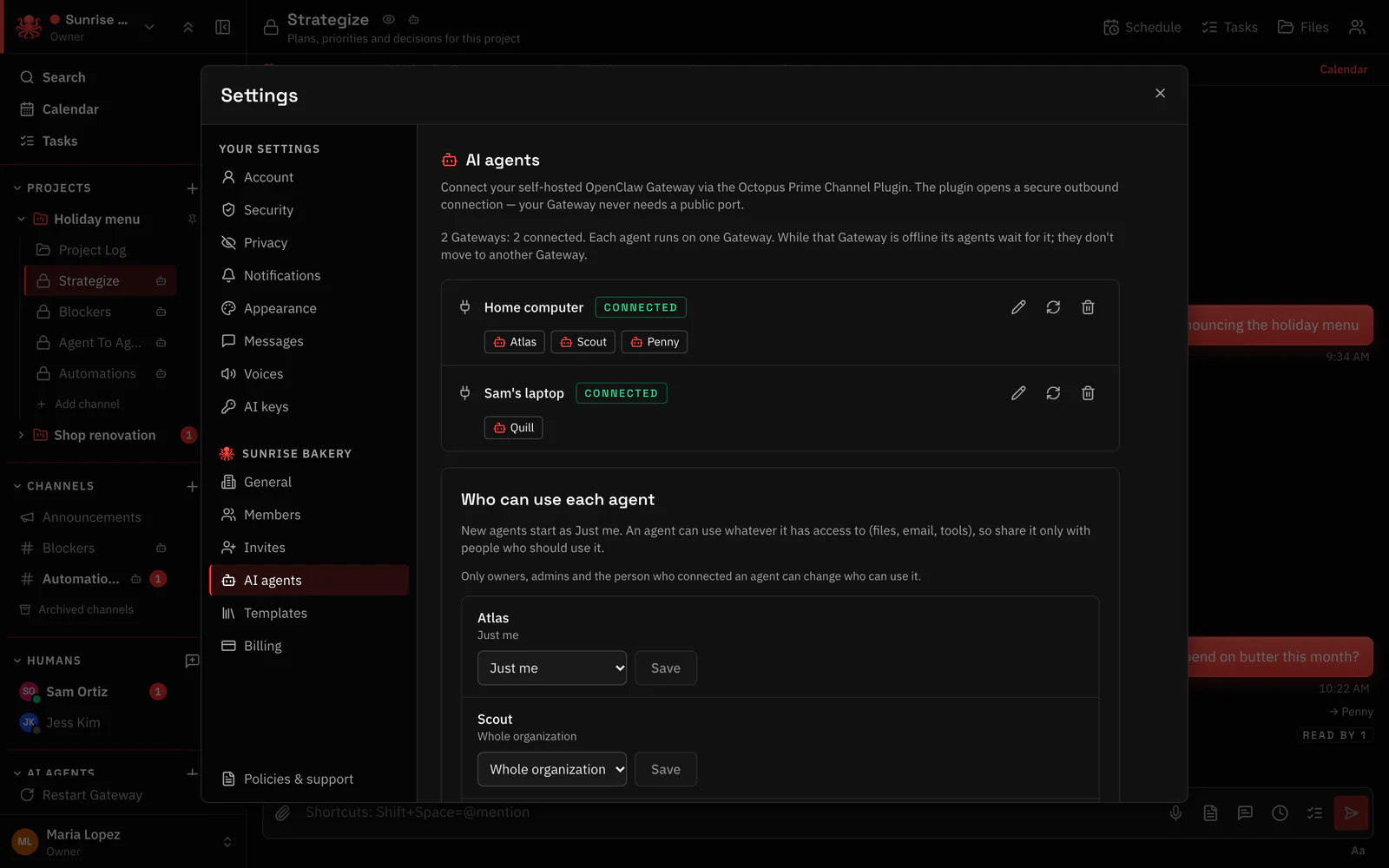 AI agents settings: two Gateways, Home computer and Sam’s laptop, both connected, each with its agents