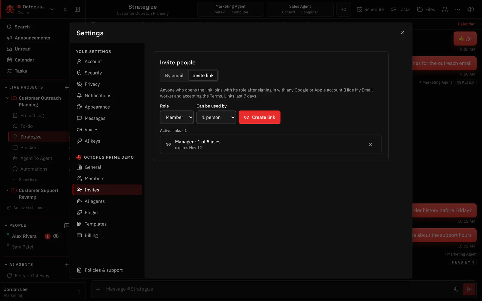Settings, Invites: the Invite link tab with a role and how many people can use the link, and one active Manager link with 1 of 5 uses