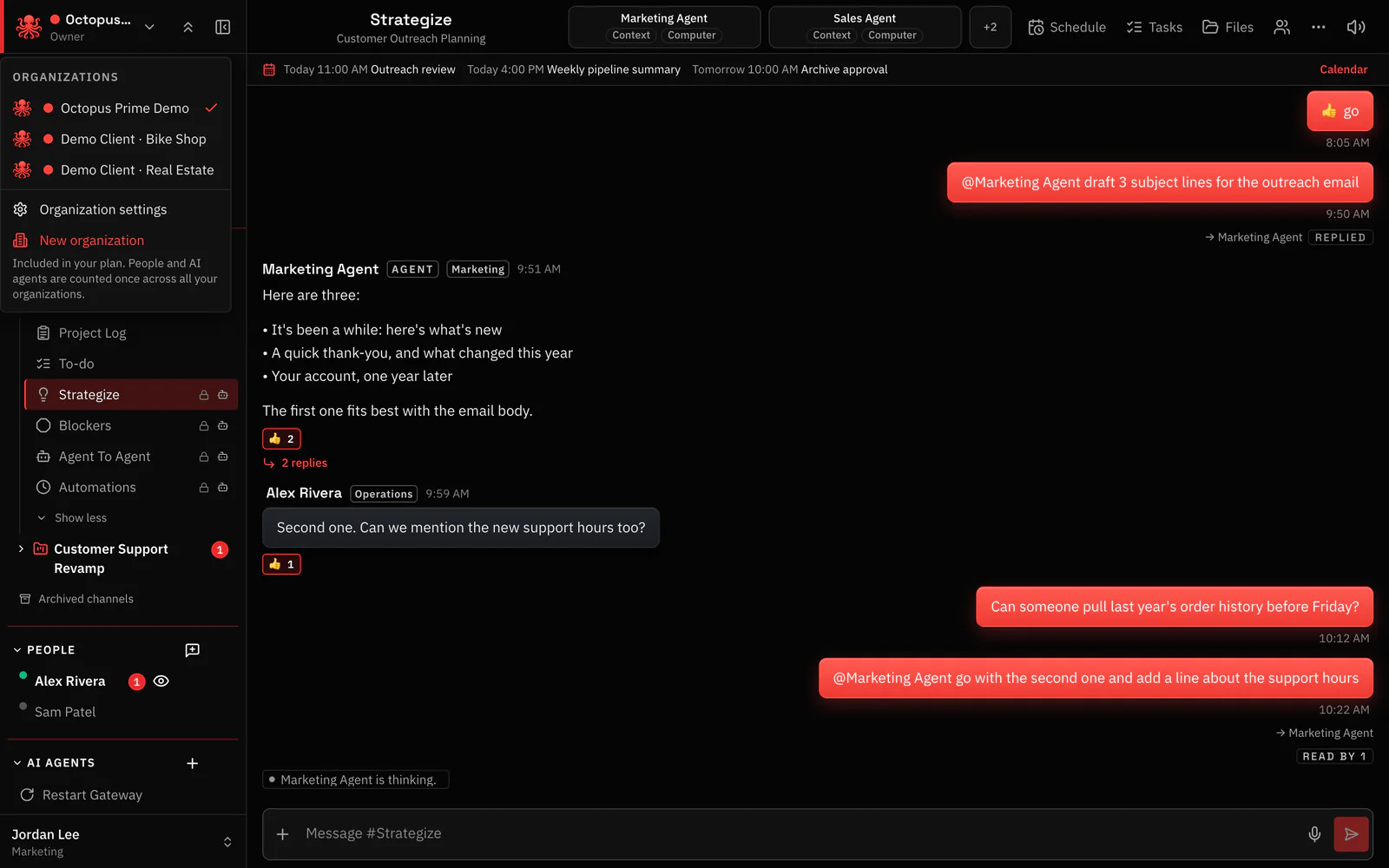The organization switcher at the top of the sidebar: Octopus Prime Demo and two client organizations, Demo Client Bike Shop and Demo Client Real Estate, with Organization settings and New organization