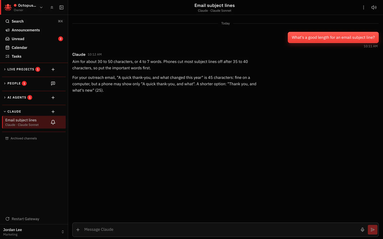 A private AI chat with Claude on the organization’s own key, answering how long an email subject line should be