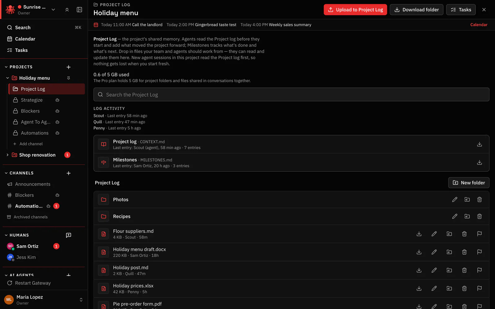 The Holiday menu project folder with the project log, milestones and files saved by people and agents