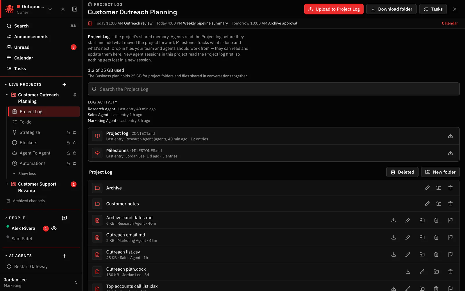 The Customer Outreach Planning project folder: the Project Log and Milestones, which agents wrote last, and files saved by people and agents such as Outreach list.csv and Archive candidates.md