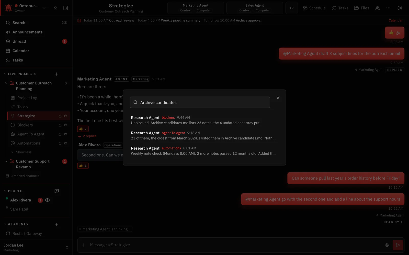 Search for “Archive candidates” with three messages from Research Agent in #blockers, #Agent To Agent and #automations, each with the channel and time
