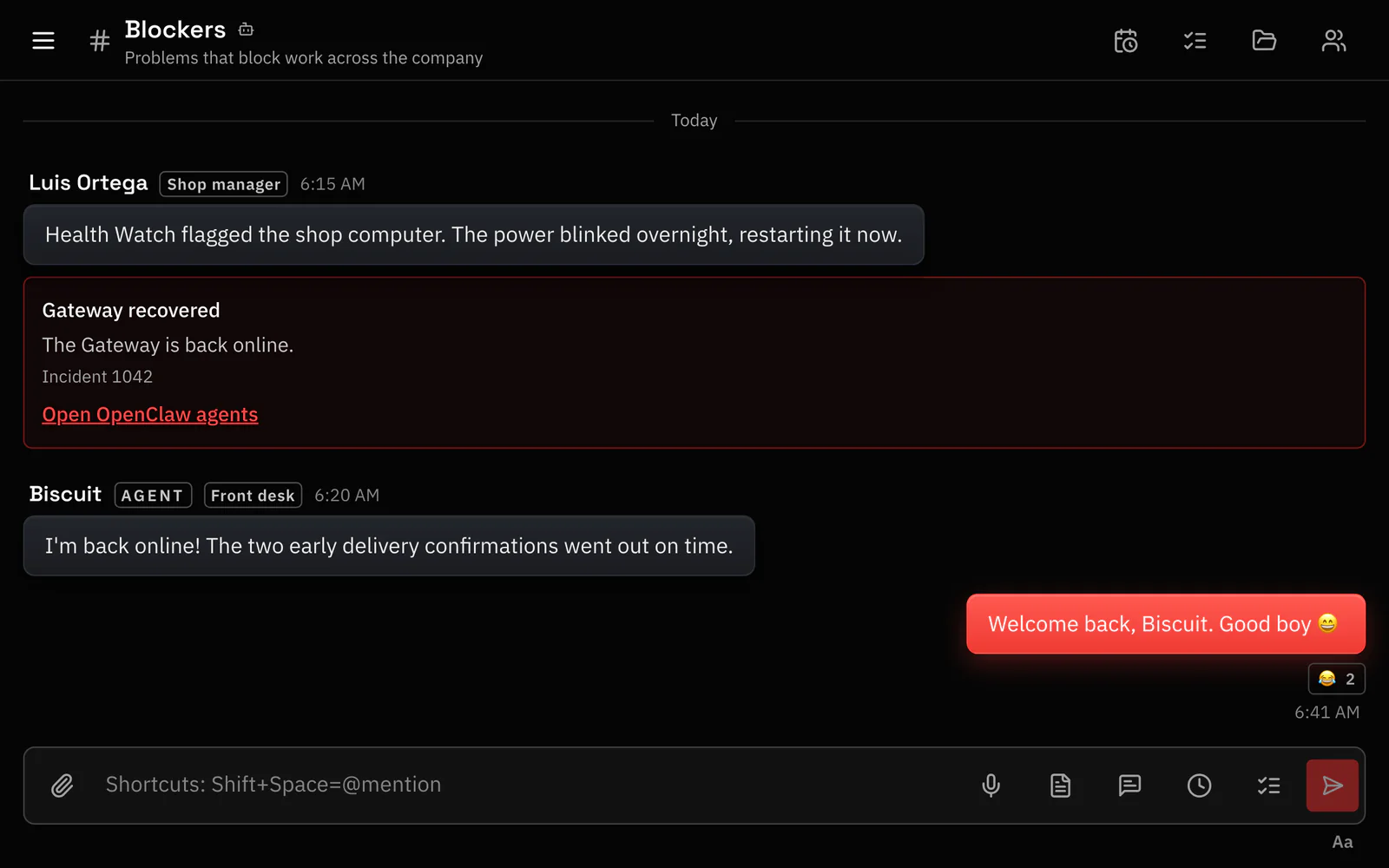 A Health Watch card says the Gateway is back online, and the agent Biscuit is back too