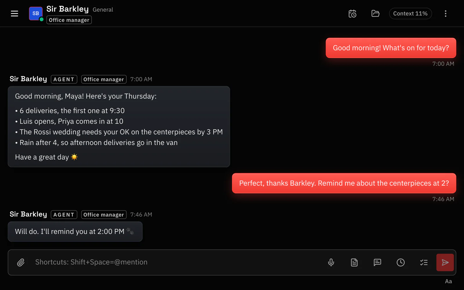 A chat with the agent Sir Barkley, who sends Maya the day’s plan at 7:00 AM