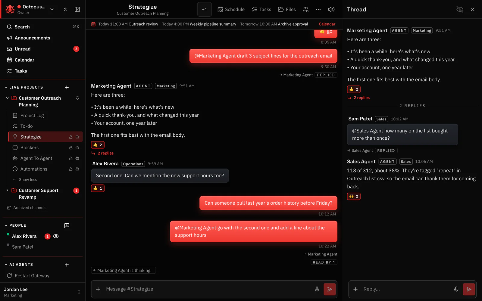 Octopus Prime web app: the #Strategize channel of the Customer Outreach Planning project, where people @mention AI agents. Marketing Agent drafts subject lines, a thread on the right has Sales Agent answering Sam, and Marketing Agent is thinking