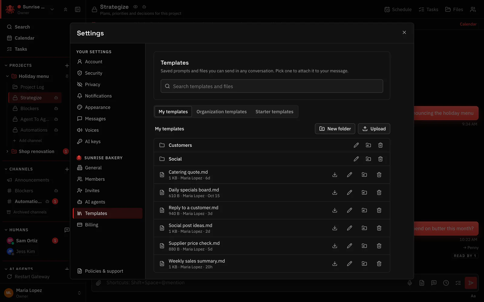 The templates library with saved prompts such as Weekly sales summary, Social post ideas and Reply to a customer