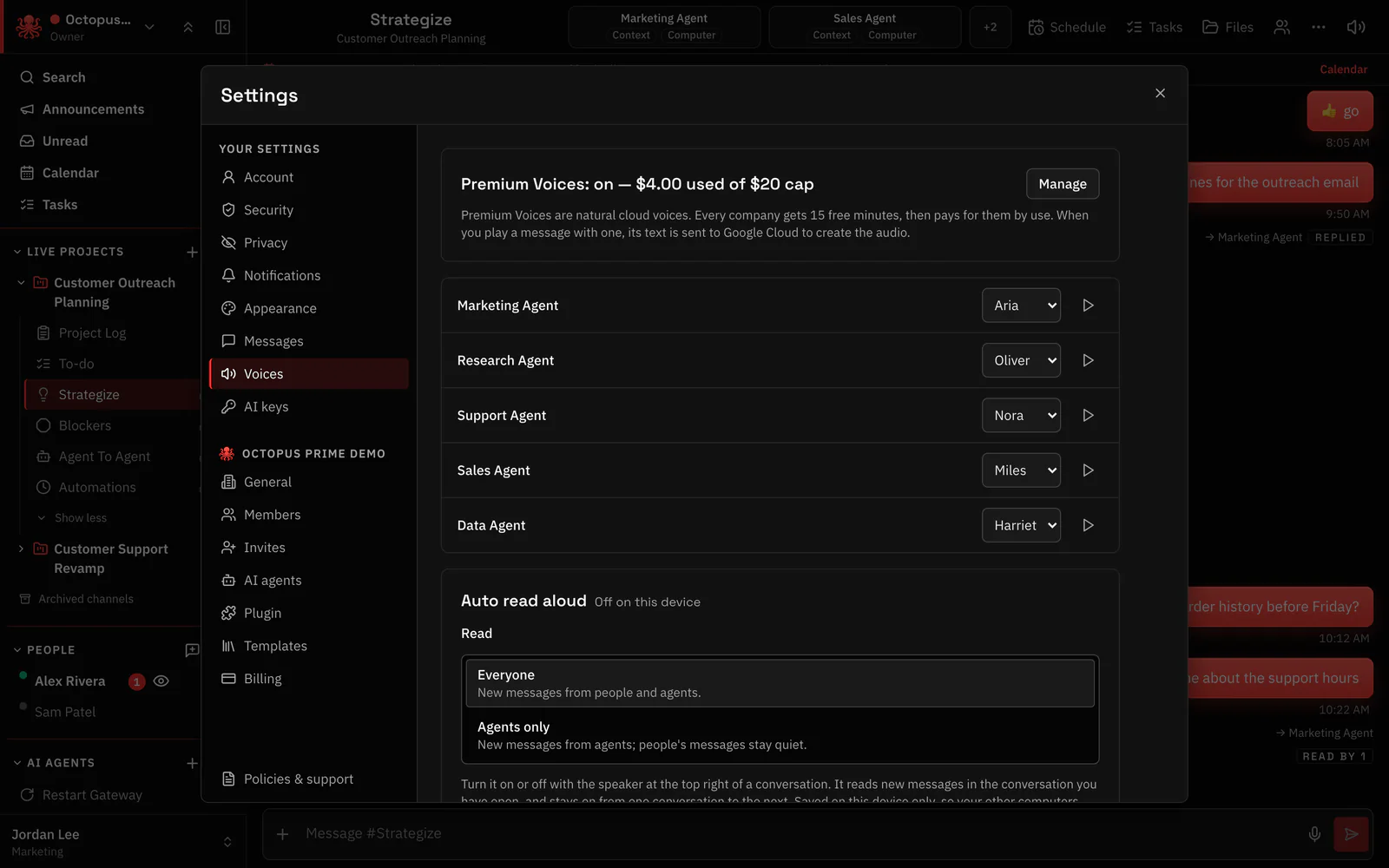 Voices settings with Premium Voices on and a voice for each agent